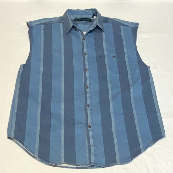 Vintage Santana Blue Sleeveless Button Front Vertical Stripe Shirt L Casual - Picture 7 of 13